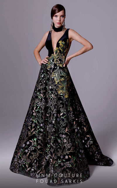 MNM Couture 2707 black embroidered gown with deep V-neckline, mesh details, and sequins | Couture Shop LA