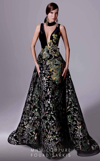 MNM Couture 2707 black embroidered gown with deep V-neckline, mesh details, and sequins | Couture Shop LA