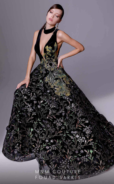 MNM Couture 2707 black embroidered gown with deep V-neckline, mesh details, and sequins | Couture Shop LA