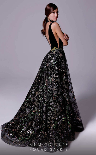 MNM Couture 2707 black embroidered gown with deep V-neckline, mesh details, and sequins | Couture Shop LA