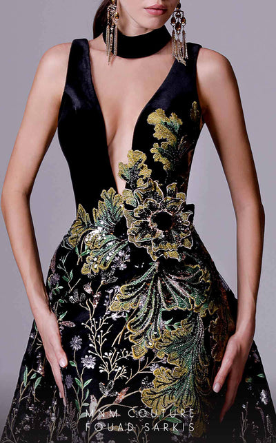 MNM Couture 2707 black embroidered gown with deep V-neckline, mesh details, and sequins | Couture Shop LA