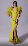 A striking MNM Couture 2712 mermaid gown with sheer ruffle sleeves, a plunging V-neckline, a high slit, and a sweep train in crepe fabric. | Couture Shop LA