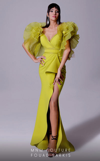 A striking MNM Couture 2712 mermaid gown with sheer ruffle sleeves, a plunging V-neckline, a high slit, and a sweep train in crepe fabric. | Couture Shop LA