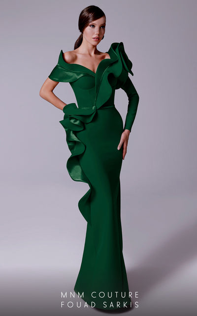 An elegant MNM Couture 2714 satin-crepe mermaid gown featuring long sleeves, ruffled details, a V-neckline, and a rosette accent for added flair. | Couture Shop LA