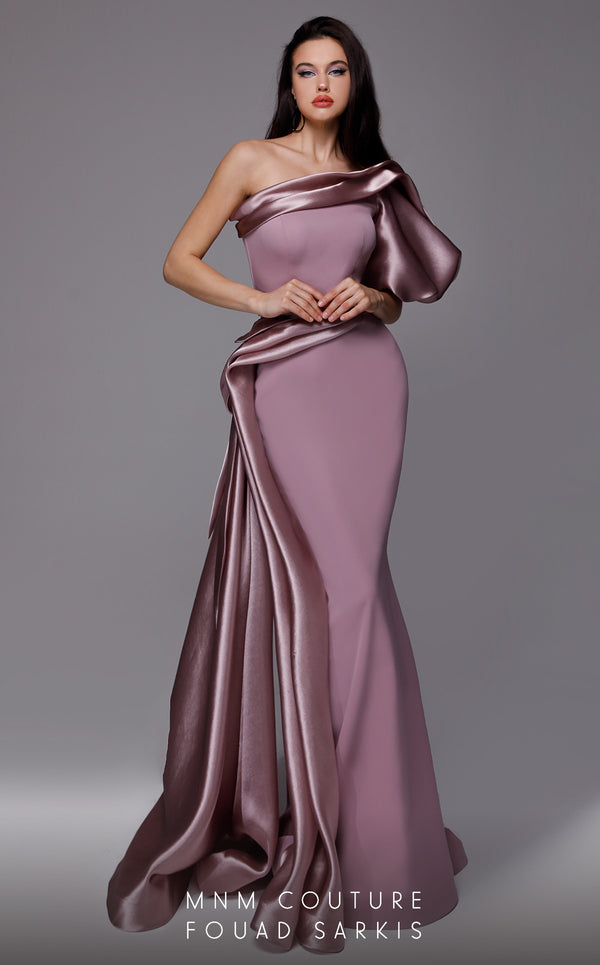 MNM Couture 2722: Satin and crepe one-shoulder evening gown with puff sleeve and side skirt. Perfect for a mother of the bride. | Couture Shop LA