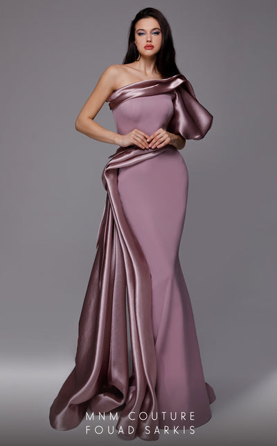 MNM Couture 2722: Satin and crepe one-shoulder evening gown with puff sleeve and side skirt. Perfect for a mother of the bride. | Couture Shop LA