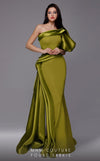 MNM Couture 2722: Satin and crepe one-shoulder evening gown with puff sleeve and side skirt. Perfect for a mother of the bride. | Couture Shop LA
