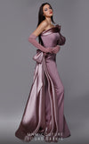 MNM Couture 2722: Satin and crepe one-shoulder evening gown with puff sleeve and side skirt. Perfect for a mother of the bride. | Couture Shop LA