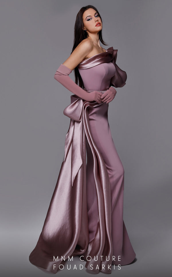 MNM Couture 2722: Satin and crepe one-shoulder evening gown with puff sleeve and side skirt. Perfect for a mother of the bride. | Couture Shop LA