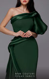 MNM Couture 2722: Satin and crepe one-shoulder evening gown with puff sleeve and side skirt. Perfect for a mother of the bride. | Couture Shop LA