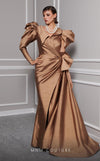 MNM Couture 2726 asymmetric column dress with pleated waistline and cape detail.