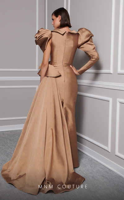 MNM Couture 2726: Fouad Sarkis designer asymmetric column dress with pleated waistline and cape detail. | Couture Shop LA