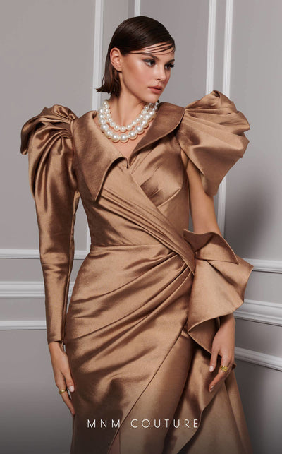 MNM Couture 2726: Fouad Sarkis designer asymmetric column dress with pleated waistline and cape detail. | Couture Shop LA