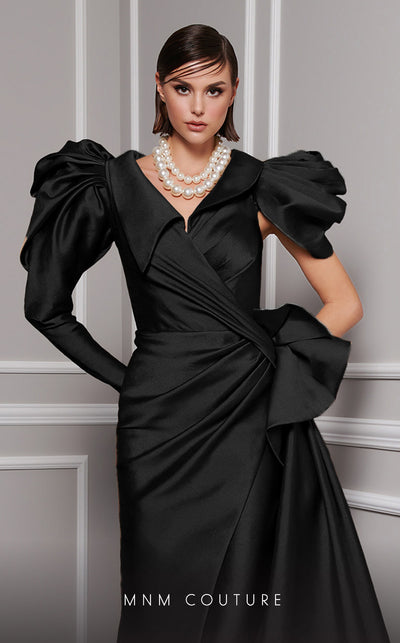 MNM Couture 2726: Fouad Sarkis designer asymmetric column dress with pleated waistline and cape detail. | Couture Shop LA