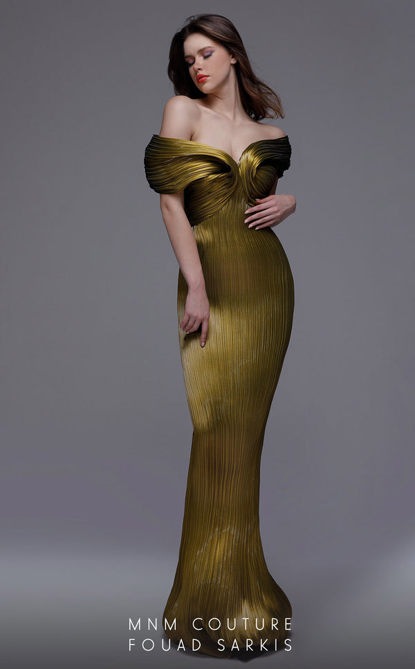 MNM Couture 2729: Elegant off-the-shoulder pleated organza evening dress with sweetheart neckline and column silhouette. Perfect for a mother of the bride. | Couture Shop LA