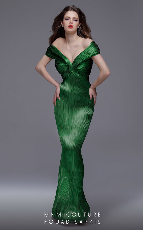 MNM Couture 2729: Elegant off-the-shoulder pleated organza evening dress with sweetheart neckline and column silhouette. Perfect for a mother of the bride. | Couture Shop LA