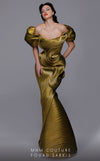 Off-the-shoulder mermaid evening dress with organza pleats and a fitted silhouette for luxurious occasions.