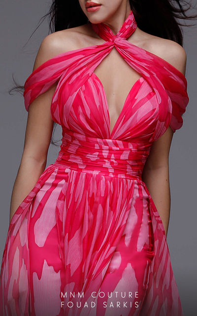 MNM Couture 2734: Off-the-shoulder chiffon jumpsuit with attached overskirt. Modern and elegant formal look. | Couture Shop LA