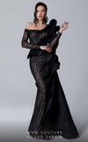 Lace and jacquard one-shoulder evening gown with a dramatic ruffle side skirt for special occasions.