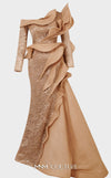 MNM Couture 2735: Lace and jacquard one-shoulder evening gown with dramatic ruffle side skirt for special occasions | Couture Shop LA