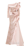 MNM Couture 2735: Lace and jacquard one-shoulder evening gown with dramatic ruffle side skirt for special occasions | Couture Shop LA