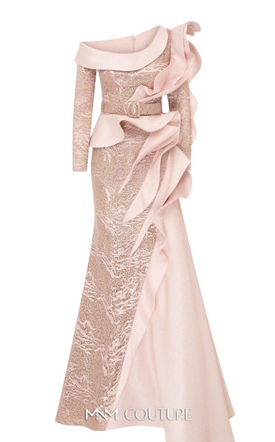 MNM Couture 2735: Lace and jacquard one-shoulder evening gown with dramatic ruffle side skirt for special occasions | Couture Shop LA