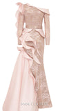 MNM Couture 2735: Lace and jacquard one-shoulder evening gown with dramatic ruffle side skirt for special occasions | Couture Shop LA