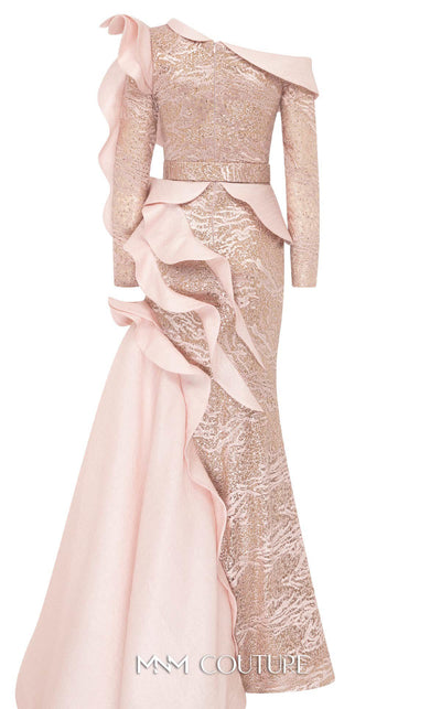 MNM Couture 2735: Lace and jacquard one-shoulder evening gown with dramatic ruffle side skirt for special occasions | Couture Shop LA