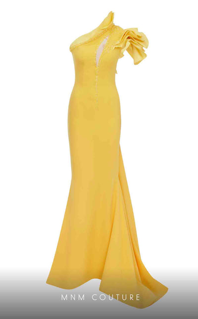 MNM Couture 2736A: Asymmetrical mermaid gown with dramatic ruffles, sparkling embellishments, and a captivating slit. | Couture Shop LA