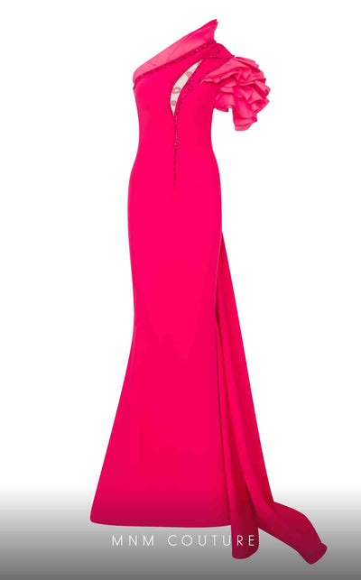 MNM Couture 2736A: Asymmetrical mermaid gown with dramatic ruffles, sparkling embellishments, and a captivating slit. | Couture Shop LA