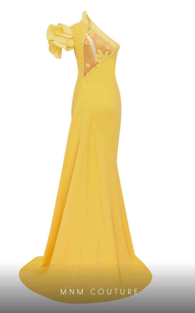 MNM Couture 2736A: Asymmetrical mermaid gown with dramatic ruffles, sparkling embellishments, and a captivating slit. | Couture Shop LA