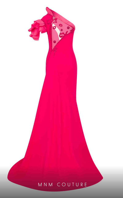 MNM Couture 2736A: Asymmetrical mermaid gown with dramatic ruffles, sparkling embellishments, and a captivating slit. | Couture Shop LA