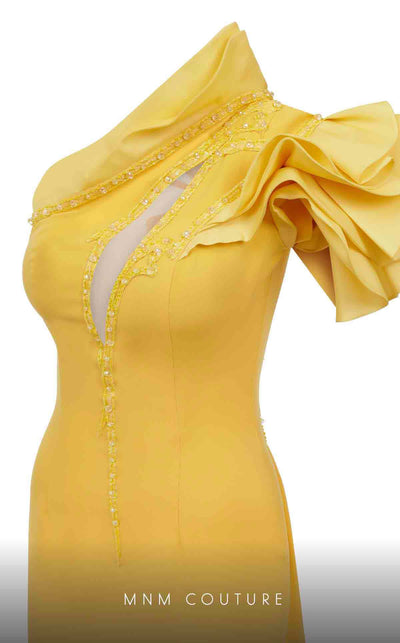 MNM Couture 2736A: Asymmetrical mermaid gown with dramatic ruffles, sparkling embellishments, and a captivating slit. | Couture Shop LA