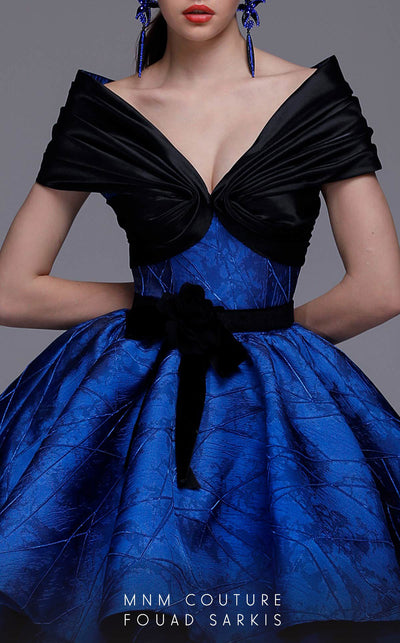 MNM Couture 2737: Majestic evening gown. Glossy fabrics, V-neck, ruffled skirt, elegant details. | Couture Shop LA