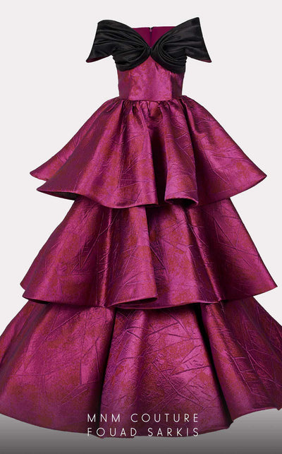 MNM Couture 2737: Majestic evening gown. Glossy fabrics, V-neck, ruffled skirt, elegant details. | Couture Shop LA