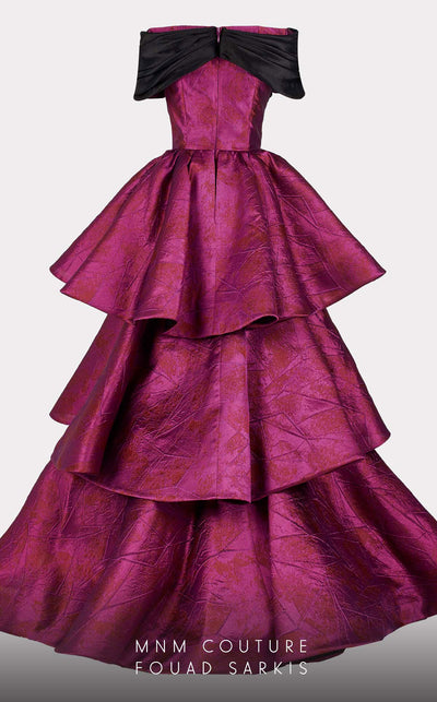 MNM Couture 2737: Majestic evening gown. Glossy fabrics, V-neck, ruffled skirt, elegant details. | Couture Shop LA