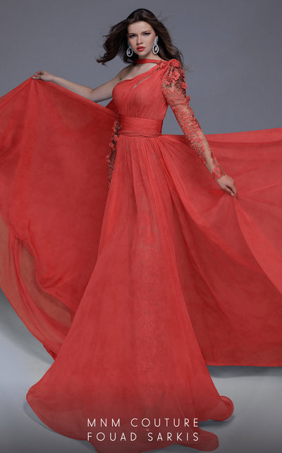 MNM Couture 2740: A-line lace chiffon jumpsuit with beading, cascading side skirt, and one-sleeve design. | Couture Shop LA