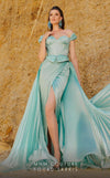 Mikado off-the-shoulder gown with a pleated overskirt and side slit for timeless elegance.