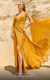 Organza one-shoulder evening gown with cape sleeves and ruched details.