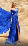 MNM Couture 2744: Organza one-shoulder evening gown with cape sleeves and ruched details. | Couture Shop LA