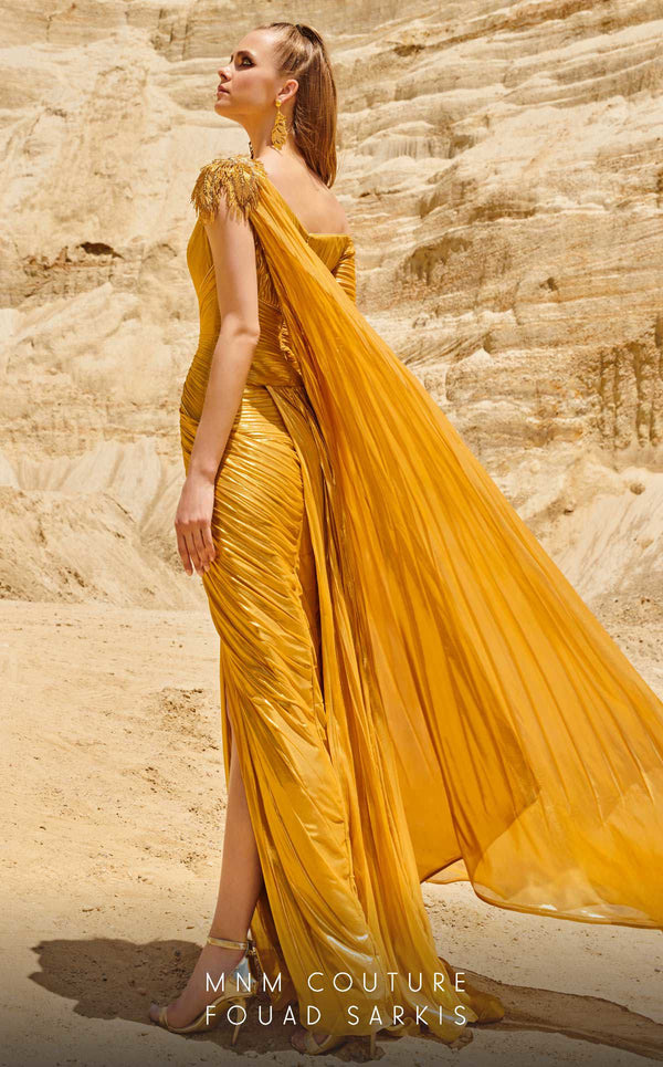MNM Couture 2744: Organza one-shoulder evening gown with cape sleeves and ruched details. | Couture Shop LA