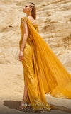 MNM Couture 2744: Organza one-shoulder evening gown with cape sleeves and ruched details. | Couture Shop LA