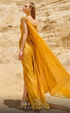 MNM Couture 2744: Organza one-shoulder evening gown with cape sleeves and ruched details. | Couture Shop LA