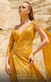 MNM Couture 2744: Organza one-shoulder evening gown with cape sleeves and ruched details. | Couture Shop LA