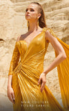 MNM Couture 2744: Organza one-shoulder evening gown with cape sleeves and ruched details. | Couture Shop LA