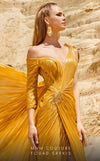 MNM Couture 2744: Organza one-shoulder evening gown with cape sleeves and ruched details. | Couture Shop LA