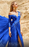 MNM Couture 2744: Organza one-shoulder evening gown with cape sleeves and ruched details. | Couture Shop LA