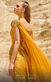 MNM Couture 2744: Organza one-shoulder evening gown with cape sleeves and ruched details. | Couture Shop LA