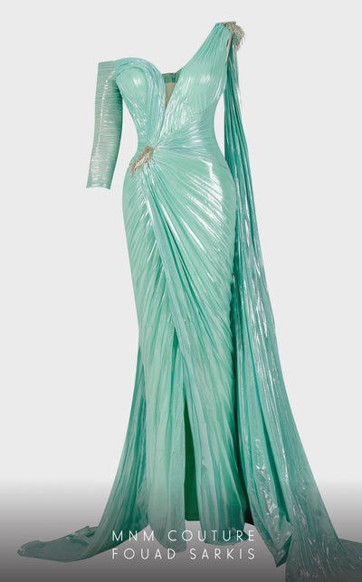 MNM Couture 2744: Organza one-shoulder evening gown with cape sleeves and ruched details. | Couture Shop LA