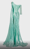 MNM Couture 2744: Organza one-shoulder evening gown with cape sleeves and ruched details. | Couture Shop LA